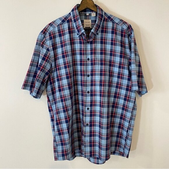 Haupt Regular Fit 41/42 Blue Plaid Checketed Short Sleeve Shirt 16.5 Germany - Picture 1 of 16